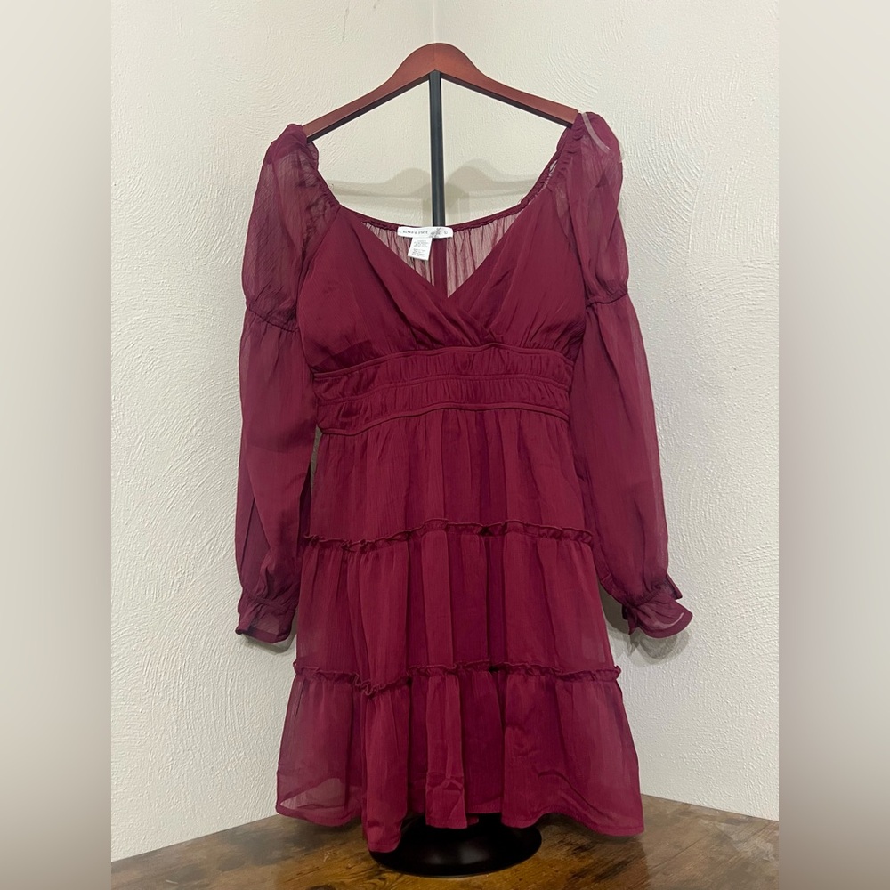 Altar'd State Red Ruffled Tiered Long Sleeve Dress